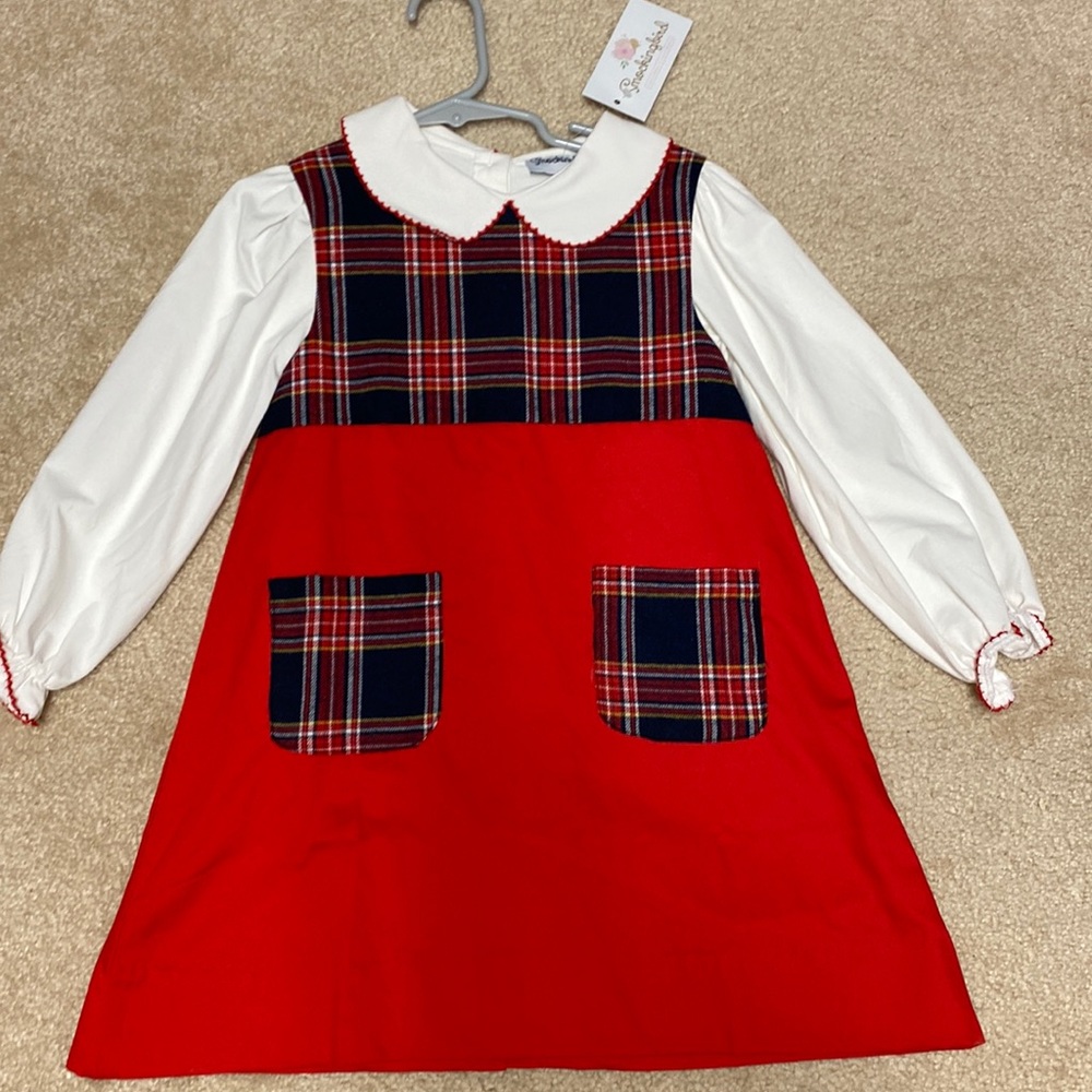 Smockingbird red jumper with blue plaid pockets size 4 nwt